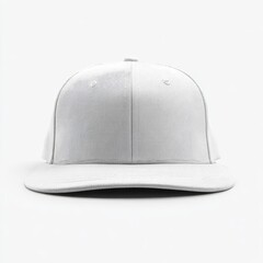 A plain white, structured, flat-brimmed baseball cap; a classic, simple design, shown from the front