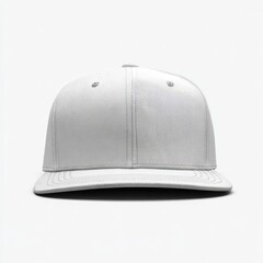 A plain white, structured, six-panel snapback hat with a flat brim, shown front-on against a white background