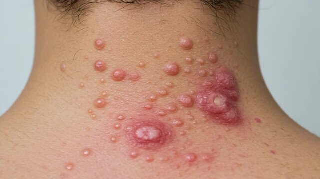 Skin condition showing inflamed lesions on the back of the neck  