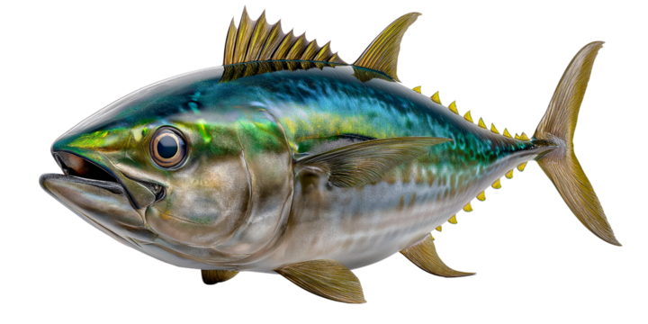 Tuna in Vibrant Detail: A detailed photorealistic image, showcasing a vibrant tuna fish, a symbol of the ocean's bounty. Its sleek form is highlighted against the background.