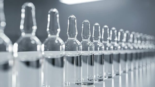 Rows of glass ampoules on reflective surface in laboratory setting  