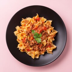 A plate of farfalle pasta in a rich meat sauce, garnished with fresh parsley, sits on a pink background.  The pasta is nestled in the center of a dark-colored plate