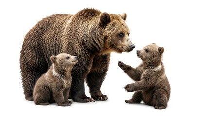 Fototapeta premium Grizzly Bear Family: Mother and Two Cubs on White Background