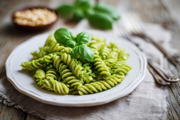 A plate of rotini pasta coated in vibrant green pesto sauce, garnished with fresh basil leaves; pine nuts visible nearby