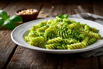 A plate of rotini pasta coated in vibrant green pesto sauce sits on a rustic wooden table, alongside a small bowl of pine nuts and fresh basil leaves