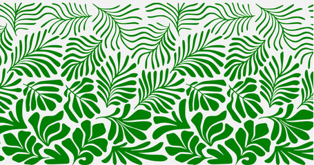 seamless pattern with green leaves background with tropical palm leaves in Matisse style. Vector seamless pattern with Scandinavian cut out elements.
