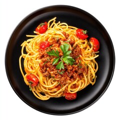 A plate of spaghetti bolognese, garnished with cherry tomatoes and parsley, rests on a dark plate against a white background