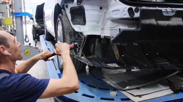 Mechanic with headphones attaches magnet lamp to observe car details in shop. Man worker check ups damaged automobile in service center