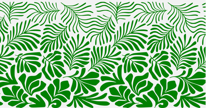 Fototapeta seamless pattern with green leaves background with tropical palm leaves in Matisse style. Vector seamless pattern with Scandinavian cut out elements. 