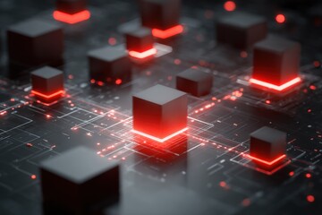 Dark, futuristic circuit board with glowing red lines and black cubes
