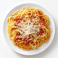 A plate of spaghetti with tomato sauce and grated cheese, photographed from above on a white background. The pasta is lightly tossed and the sauce is vibrant