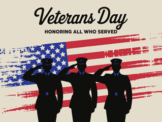 Naklejka premium Veterans Day Poster with Saluting Soldiers and American Flag