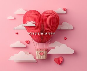 A pleated red heart-shaped hot air balloon floats amidst paper clouds and hearts on a pink background; a whimsical Valentine's Day image