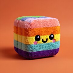 A plush cube toy features a rainbow layered design, a simple smiling face, and soft, fluffy texture.  It sits on a burnt orange background