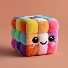 A plush cube toy with a cheerful face, multicolored squares, and soft texture, displayed against a muted orange background