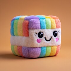 A plush cube toy with a rainbow design, featuring a smiling face with pink hearts on its cheeks.  Soft, fluffy texture