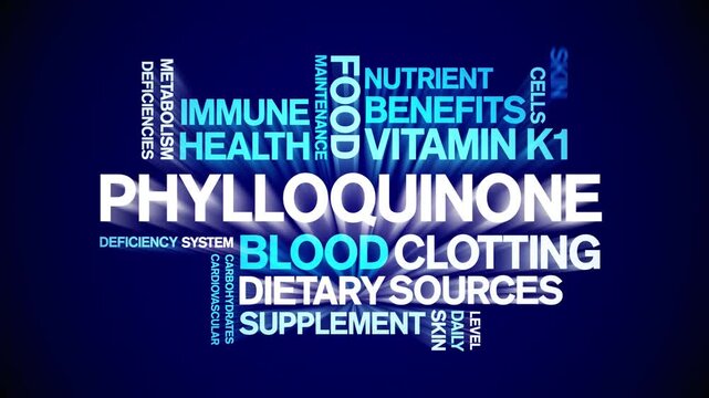 Phylloquinone Vitamin K1 animated word cloud-text design animation tag kinetic typography seamless loop.
