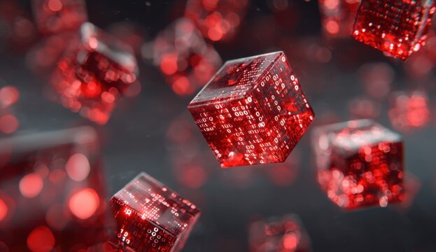 Red digital cubes float in space