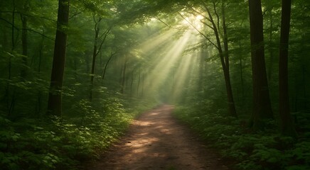 Naklejka premium Sunbeams filter through dense green forest illuminating a winding dirt path peaceful nature scene illustration