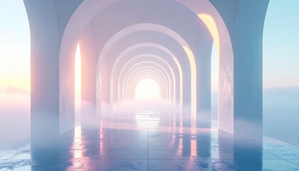 Endless horizon of luminous arches fading into mist, layered with soft gradients and surreal shadows, forming a modern dreamscape design