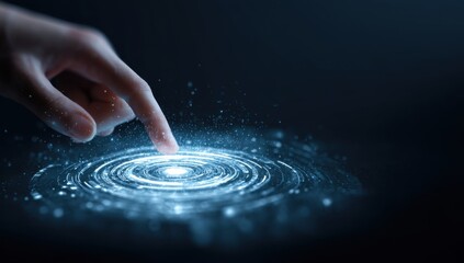 A hand's fingertip interacts with a shimmering, ethereal, digital interface