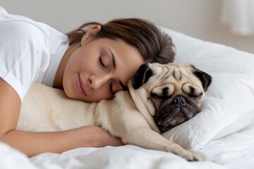 A serene young woman and a cute pug dog are sleeping soundly together in a cozy bed, sharing a peaceful moment.