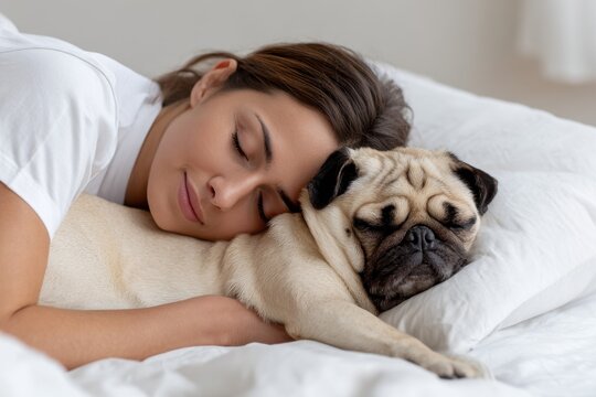 A serene young woman and a cute pug dog are sleeping soundly together in a cozy bed, sharing a peaceful moment.