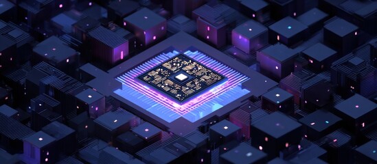 Central Processing Unit (CPU) surrounded by a complex network of interconnected digital blocks.  Intricate, isometric design with glowing neon accents.  Dark, muted colors
