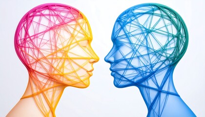 Two profile faces, heads wrapped in colorful threads, facing each other