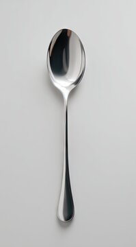 A polished, silver-toned tablespoon with an oval bowl and elegant, elongated handle, photographed against a neutral background