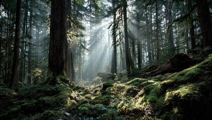 Fototapeta premium Sunlight streams through a mossy forest floor