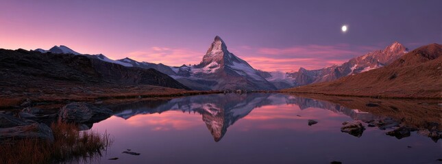 Mountain lake at dawn, reflecting a majestic peak
