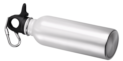Silver Water Bottle: The sleek, insulated silver water bottle, designed for convenience and sustainability, features a carabiner clip for easy carrying and a secure cap.
