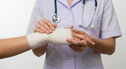 Doctor Bandaging Injured Female Hand &ndash; Medical Care, First Aid and Healthcare Treatment 