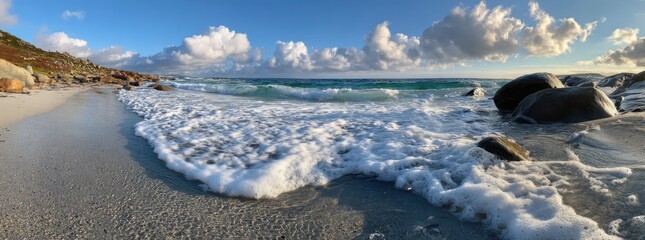 Coastal waves lapping at a sandy beach with rocks