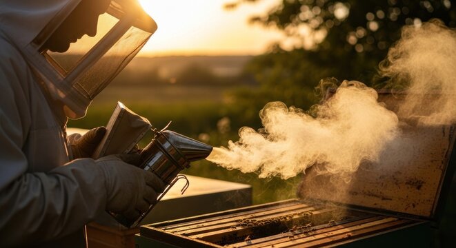 Professional Beekeeper Tending Beehive with Smoker at Golden Sunset