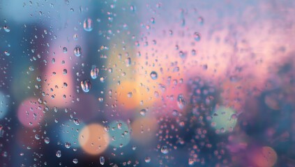 Rain drops on glass, city lights blurred background