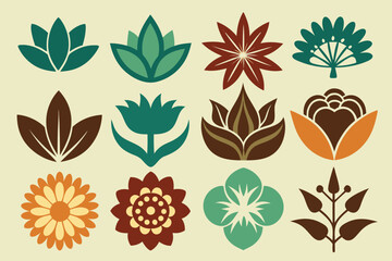A collection of stylized floral and botanical icons, featuring various flowers, leaves, and a fan design.