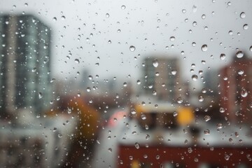 Rain-streaked cityscape view through a window.  Blurred city buildings, rooftops, and street through a pane of glass covered in raindrops.  Soft light, overcast day