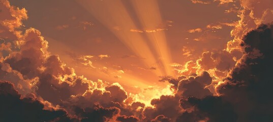 Golden light piercing through a dramatic sunset sky filled with clouds