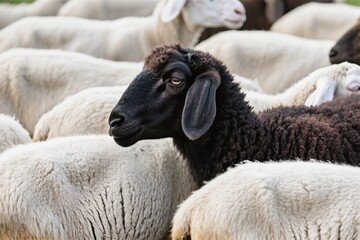 Naklejka premium In a calm and peaceful rural landscape, a unique black sheep distinctly stands out among a flock of gentle white sheep