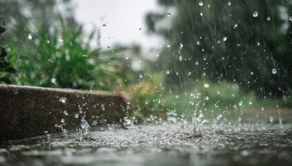 Rain splashing on a walkway, garden in the background