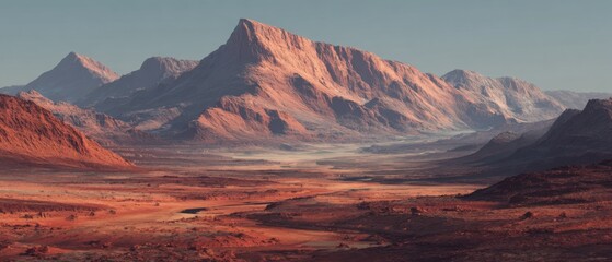 A vast, arid landscape of reddish mountains and valleys.  A panoramic view of a desert-like terrain with rugged, colorful peaks.  Muted light casts soft shadows across the landscape