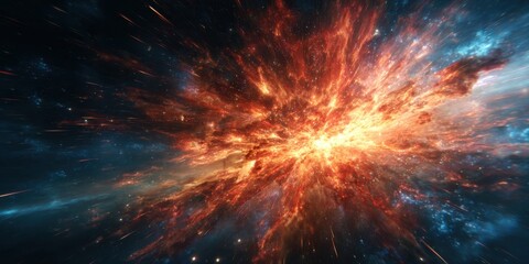 Cosmic explosion; vibrant, fiery burst radiating outward through space