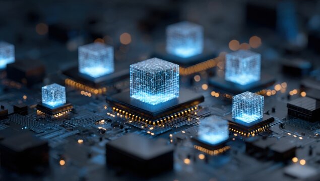 High-tech circuit board with glowing cube processors