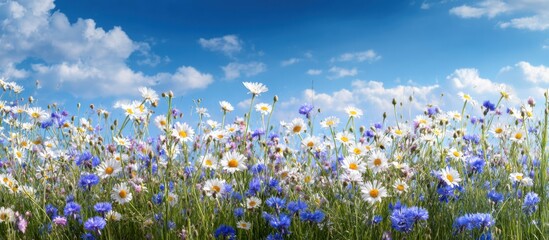 A vibrant meadow of wildflowers under a vast, sunny sky