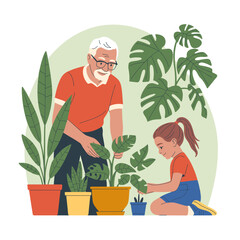 Fototapeta premium Grandfather and Granddaughter Planting Indoor Plants Illustration