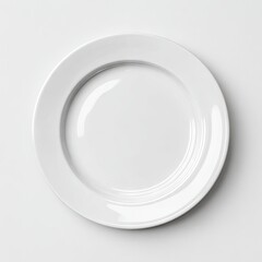 A pristine, round, white dinner plate with a subtly recessed center and a slightly raised rim, sits on a plain white background