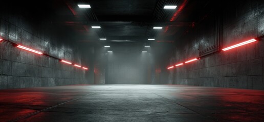 Long, dark tunnel lit by red neon lights