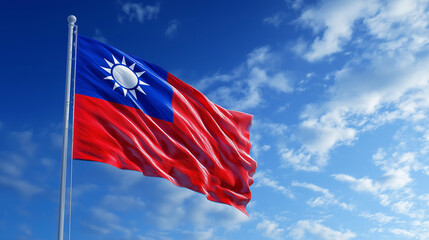 Taiwan flag waving in the wind against a blue sky patriotic symbol image